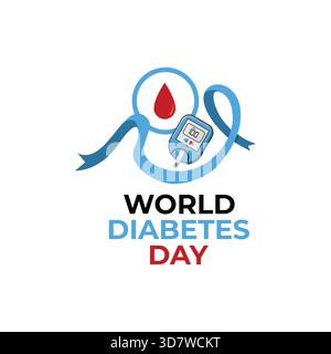 Design completo per la giornata mondiale del diabete con un glucometro digitale (glucometro), un nastro blu che scorre e un simbolo di goccia di sangue. Illustrazione Vettoriale