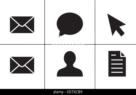Set di icone interfaccia interfaccia utente di base: Mail, Chat, cursore, utente e icone silhouette nera del documento Illustrazione Vettoriale