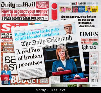 27 novembre 2025. Una selezione di prime pagine dei giornali britannici dopo la dichiarazione di bilancio del Cancelliere dello Scacchiere, Rachel Reeves. Foto Stock