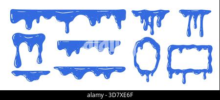 Set di cornici blu per gocciolamento con forme di vernice liquida. Bordi fusi, elementi splash e contorni fluidi per un design creativo, adesivi e audaci Illustrazione Vettoriale