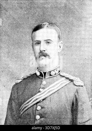 Tenente W. E. Stairs, R.E., secondo in comando della spedizione africana del signor Stanley, 1890. Ritratto da una fotografia del signor Valery. Il signor Stanley...bears testimonia l'intelligenza e l'abilità del tenente Stairs, che sembra aver dovuto anche fare una buona parte della lotta con le tribù indigene ostili. Il 13 agosto 1887, i nativi attaccarono il campo in modo risoluto e determinato. I loro depositi di frecce avvelenate, pensavano, hanno dato loro ogni vantaggio; e, infatti, quando il veleno è fresco è più mortale. Il tenente scale e cinque uomini furono feriti da queste frecce; ma tenente Foto Stock