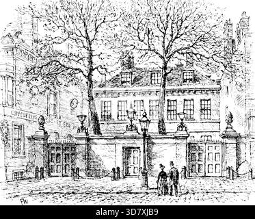 Il Deanery di St. Paul, 1890. "I passeggeri sotto l'arco sul lato sud del cimitero di St. Paul che conduce al Doctor's Commons - un arco con una stretta striscia di un negozio su entrambi i lati, costruito nello spessore del muro, e un balcone sopra il quale secondo la tradizione Sir Christopher Wren sedeva e guardava i progressi del suo capolavoro [cioè la cattedrale] - sono meno numerosi rispetto a prima della rimozione dell'ufficio testamentario nel 1874; e la curiosità eccitata dal grande e poco attraente edificio, metà nascosto da un alto muro e da una solida porta d'ingresso sulla destra, è proporzionalmente les Foto Stock