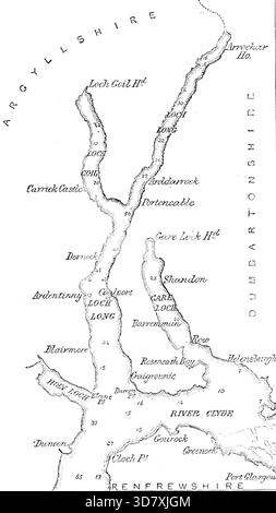 Mappa di Loch Long con Loch Goil, che mostra dove sono depositati i dragaggi del Clyde, 1890. "Le cifre denotano la profondità dei quadri... Si sta compiendo Un rinnovato sforzo per porre fine alla pratica abominevole e inutile da tempo portata avanti dai fiduciari della navigazione del Clyde - quella di depositare nel Loch Long immense quantità di sostanze foul e fetidali, le draghe del fiume vicino, inquinate dalle fognature della grande città di Glasgow e di altre città. Loch Long, con il Holy Loch vicino al suo sbocco nel Firth of Clyde, di fronte a Gourock, e con Loch Goil, il suo ramo superiore occidentale Foto Stock