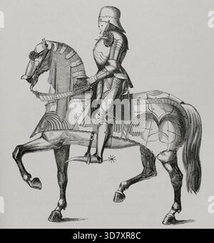 Cavaliere armato e montato in guerra, XV secolo, 1877. Da "Les Arts au Moyen Age et a l'Epoque de la Renaissance" di Paul Lacroix, Parigi, 1877. Foto Stock