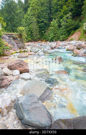 Acque alpine turchesi che scorrono attraverso rocce lisce nel fiume Slizza nelle Alpi Giulie vicino a Tarvisio, Italia Foto Stock