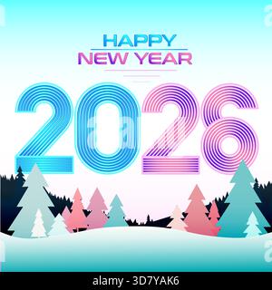 Illustrazione vettoriale luminosa, moderna e alla moda che celebra il felice anno nuovo 2026 in un audace stile retrò-futuristico. Perfetto per biglietti d'auguri festivi, socio Illustrazione Vettoriale