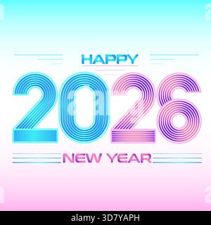 Illustrazione vettoriale caratterizzata da un moderno design tipografico 2026 retrò-futuristico con forme lineari a strati in blu, ciano, rosa e viola Illustrazione Vettoriale