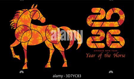 Capodanno cinese 2026, sfondo nero. L'anno del cavallo. Decorazioni geometriche colorate di arte moderna vettoriale per copertina, cartoncino, poster Illustrazione Vettoriale