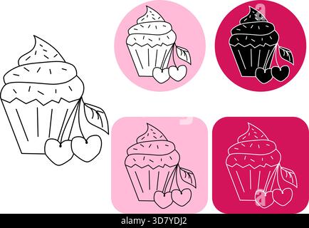 Grazioso cupcake con logotipo di ciliegia San Valentino. Illustrazione in bianco e nero della linea grafica vettoriale. Illustrazione Vector muffin. per cucinare, condimen Illustrazione Vettoriale