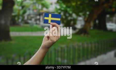 Mano che tiene la bandiera svedese all'aperto in un parco, con l'uomo caucasico visibile, che rappresenta la cultura e l'identità svedesi. Foto Stock