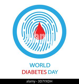 Illustrazione giornata mondiale del diabete. Una goccia di sangue su un dito in un cerchio blu su sfondo bianco. Illustrazione Vettoriale