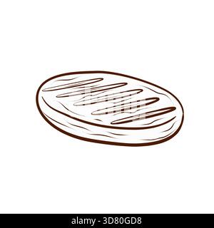 Un pezzo di bistecca con segni distintivi alla griglia. Illustrazione vettoriale in stile line art. Una semplice immagine nera e marrone senza colore, isolata Illustrazione Vettoriale
