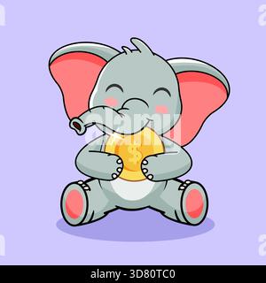 Carino Elefante del cartone mangiate la moneta d'oro brillante illustrazione vettoriale Cartoon Kawaii Design isolato Illustrazione Vettoriale