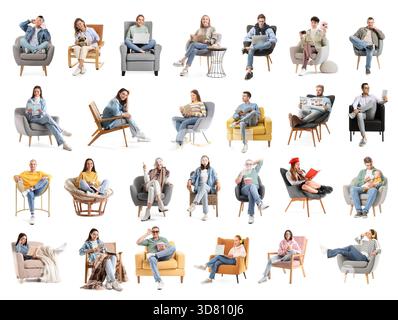 Collage di persone appoggiate su poltrone su sfondo bianco Foto Stock