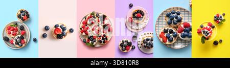 Collage di gustose tartarughe con panna montata e frutti di bosco freschi su sfondo colorato, vista dall'alto Foto Stock