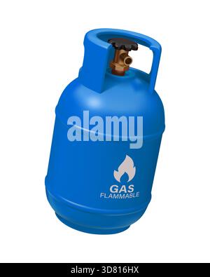 Bombola di gas in 3D con segnale di pericolo infiammabile di gas liquido o GPL, contenitore blu vettoriale. Bombole di gas o tanica in metallo realistiche per ossigeno, propano o butano e bombola di azoto Illustrazione Vettoriale