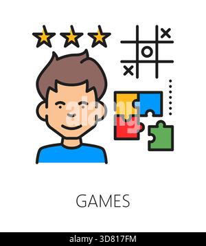 Giochi per bambini abilità cognitiva icona o etichetta della linea di colore. Icona del vettore di terapia della funzione cerebrale, segno di sviluppo dell'intelligenza dei bambini. Simbolo di capacità mentale con personaggio ragazzo, puzzle e gioco TIC-tac-toe Illustrazione Vettoriale
