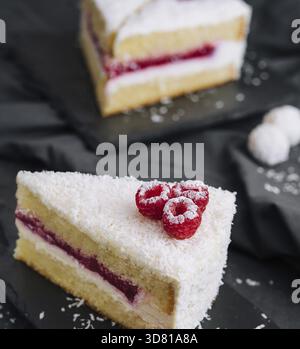 Cibo, torta invernale con lamponi decorati con panna bianca Foto Stock