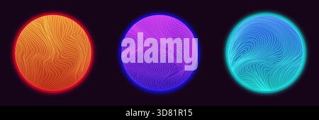 vivaci sfere al neon caratterizzate da intricate linee ondulate su sfondo scuro per interfacce tecnologiche futuristiche e design grafico moderno Illustrazione Vettoriale