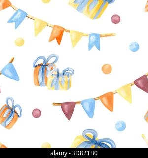Festa di compleanno, fantasia senza cuciture. Flag garland, confezione regalo, coriandoli circolari. Grafica colorata ad acquerello luminosa isolata dallo sfondo. Per Foto Stock