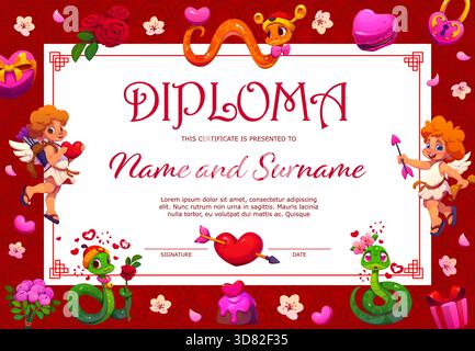 Certificato di San Valentino con cherubini, serpenti e cuori. Affascinante modello vettoriale cartoni animati con cupidi, rose, dessert, scatole regalo, decorazioni romantiche e d'amore sul bordo rosso Illustrazione Vettoriale