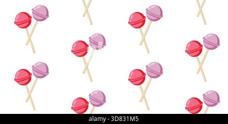Un dolce motivo vettoriale senza cuciture con lecca lecca rosa e viola su bastoncini di legno disposti in un divertente layout ripetuto. Lo stile pastello zuccherino è id Illustrazione Vettoriale