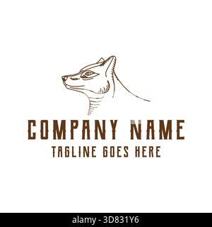Design Vector con logo vintage con logo in stile Wolf Dog Line e inciso in stile retro Illustrazione Vettoriale