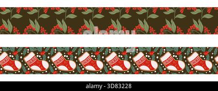 Contorno perfetto per le feste con biscotti al pan di zenzero, inverno, frutti di bosco ed elementi natalizi. Illustrazione Vettoriale