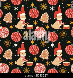 Schema natalizio con animale della foresta nel cappello di babbo natale. Design elegante con elementi natalizi, baule e fiocchi di neve. Simpatico coniglietto con batteria in cartone animato fl Illustrazione Vettoriale