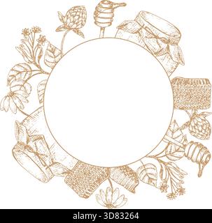 Telaio di prodotto vintage con api ed elementi a nido d'ape. Modello di illustrazione disegnato a mano per etichette di apicoltura organiche, confezioni di vasetti e natur Illustrazione Vettoriale