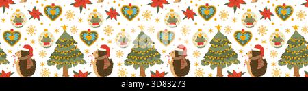 Motivo di confine natalizio con ornamenti festivi e ricci in cappello di Babbo Natale. Design perfetto per le vacanze. Nastro di animale di natale e abete rosso, baubles. Illustrazione Vettoriale
