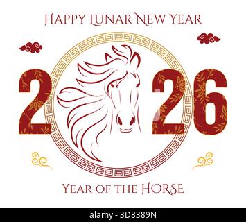 Capodanno lunare 2026 anno del design del cavallo con testa di cavallo zodiacale cinese, illustrazione festiva rossa e dorata Illustrazione Vettoriale
