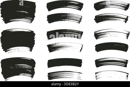 Set di tratti di pennello nero grunge e linee di pittura curve Illustrazione Vettoriale