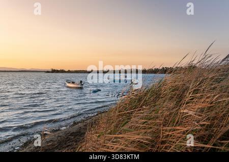 Tre piccole barche da pesca ancorate vicino a una riva erbosa al tramonto su un lago o laguna calmo, montagne sullo sfondo Foto Stock