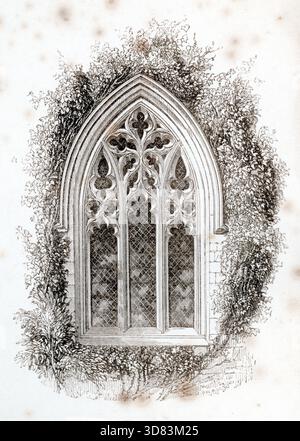 Questa illustrazione presenta una finestra ad arco gotico con tre luci verticali e intricati trafori in pietra in stile "decorato". Ricoperta di densa edera e fogliame, la struttura in pietra evoca un senso di romanticismo rovina. Il vetro a reticolo è incorniciato da muratura stampata, catturata in un dettagliato stile vintage monocromatico con inchiostro inciso. Da una raccolta di xilografie pubblicata nella quarta edizione (ampliata) di Un Glossario dei termini utilizzato in architettura greca, romana, italiana e gotica, pubblicato nel 1845. In alcuni casi le pagine avevano una certa flessione moderata. Foto Stock