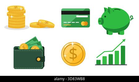 Un insieme chiaro e moderno di icone vettoriali di design piatto che rappresentano i concetti finanziari chiave e la gestione del denaro. Illustrazione Vettoriale