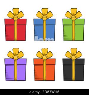 Confezioni regalo colorate con nastri gialli Illustrazione Vettoriale