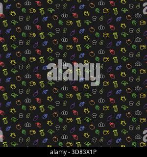 Motivo senza cuciture di colorate icone del cibo su sfondo nero. Illustrazione vettoriale con frutta, verdura e ingredienti Illustrazione Vettoriale