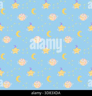 Simpatico motivo senza cuciture con stelle sorridenti in cappelli maghi, lune a mezzaluna, costellazioni e pianeti colorati su sfondo blu. Adorabile cosmico Illustrazione Vettoriale