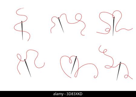 Ago elegante con set di filettature. Simbolo dell'ago e filettatura rossa curva, attrezzatura per la lavorazione dell'ago sartoriale e calzolaio, elemento da cucire. Piccolo tatuaggio, stampa per vestiti. Illustrazione vettoriale Illustrazione Vettoriale