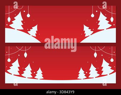 Set di banner natalizi stilizzati, semplice e minimalista, con pini bianchi e neve su sfondo rosso sfumato, perfetto per gli annunci digitali. Illustrazione Vettoriale