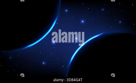Bordi planetari blu brillanti che si illuminano su uno sfondo scuro pieno di stelle, creando una serena scena cosmica Illustrazione Vettoriale