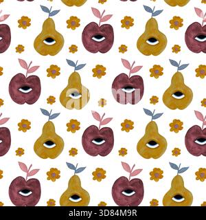 Vivace motivo ad acquerello senza cuciture con pere giallo e Bordeaux stilizzate, mele con occhi e fiori gialli su sfondo bianco. Foto Stock