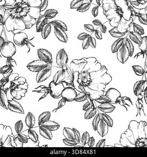 Motivo senza cuciture con vettore d'inchiostro disegnato a mano Rosehip. Ornamento con fiori, bacche, foglie e gemme. Illustrazione Vettoriale