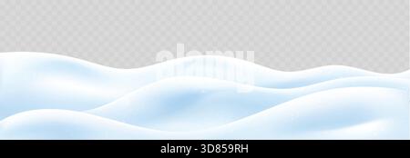 Realistica neve 3d e terreno innevato per immagini vettoriali di scene innevate invernali o natalizie. Tumuli bianchi e cumuli di neve per tessere vacanza e poster paesaggistici. Nuovo anno confine isolato. Illustrazione Vettoriale