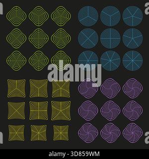 Forme di linea concentrica. Forme colorate dei bersagli. Vettore grafico astratto. Motivo di sfondo scuro. Illustrazione Vettoriale