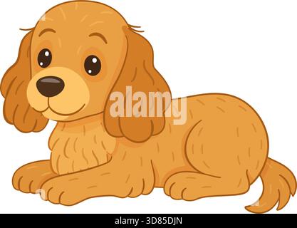 Cocker Spaniel disteso con un'espressione amichevole e felice. Illustrazione vettoriale a forma piatta disegnata a mano. Ideale per adesivi, poster, cura degli animali domestici, allenamento dei cani, giocattoli per animali e allegra grafica di merchandising Illustrazione Vettoriale