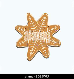 Un biscotto di pan di zenzero natalizio a forma di fiocco di neve isolato sul bianco. Illustrazione Vettoriale