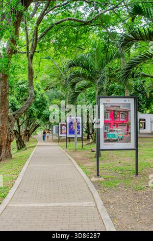 Cat Park, Cali, Valle del Cauca, Colombia - 9 novembre 2025 - i visitatori passeggiano lungo un sentiero circondato da vivaci mostre d'arte e vegetazione lussureggiante. Foto Stock