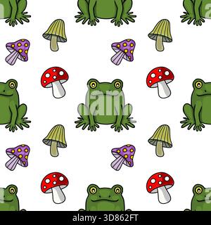 Uno stravagante motivo vettoriale con graziose rane verdi e funghi colorati, perfetto per i disegni dei bambini e gli sfondi a tema naturale. Illustrazione Vettoriale